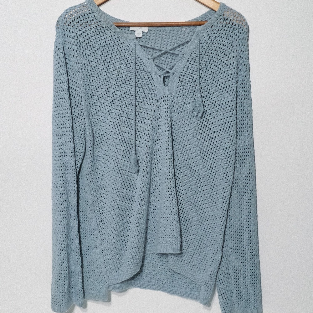 J Jill Sweater Womens L Open Knit Crochet Coastal Blue Beachy Boho Classic
